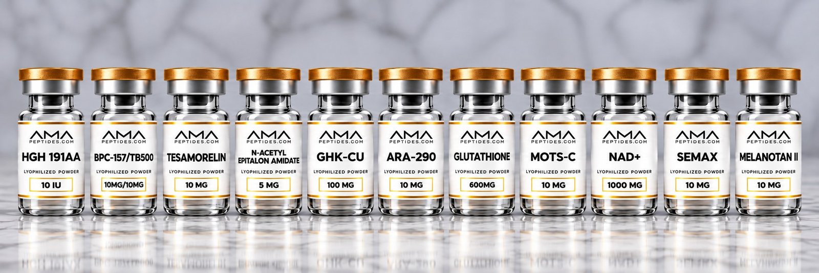 Eleven AMA Peptides vials: HGH 191AA, BPC-157/TB500, Tesamorelin, N-Acetyl Epitalon Amidate, GHK-Cu, ARA-290, Glutathione, MOTS-C, NAD+, Semax and Melanotan II